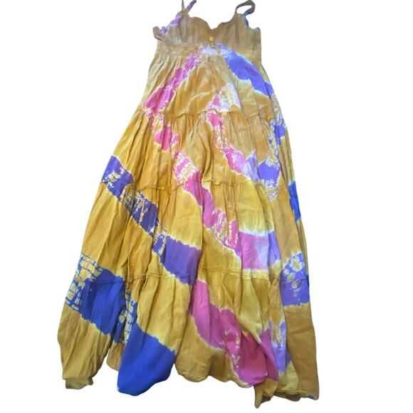 SOL Boho Tie Dye Maxi Dress Mustard Pink Purple Cotton Crochet Trim Size L - Picture 2 of 5